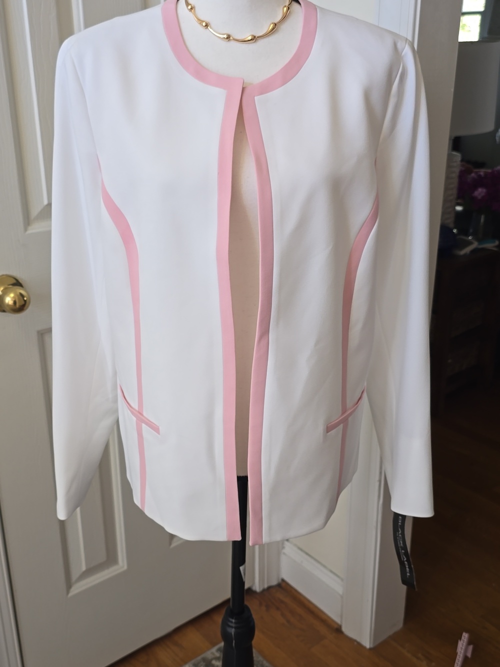 BLACK LABEL EVAN-PICONE WOMENS  WHITE/PINK OPEN PROFESSIONAL BLAZER JACKET 14